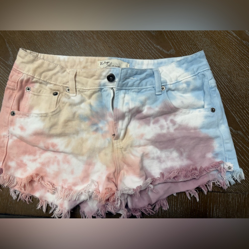 Vintage Havana Pink and Blue Jean Shorts Distressed Tie-Dye